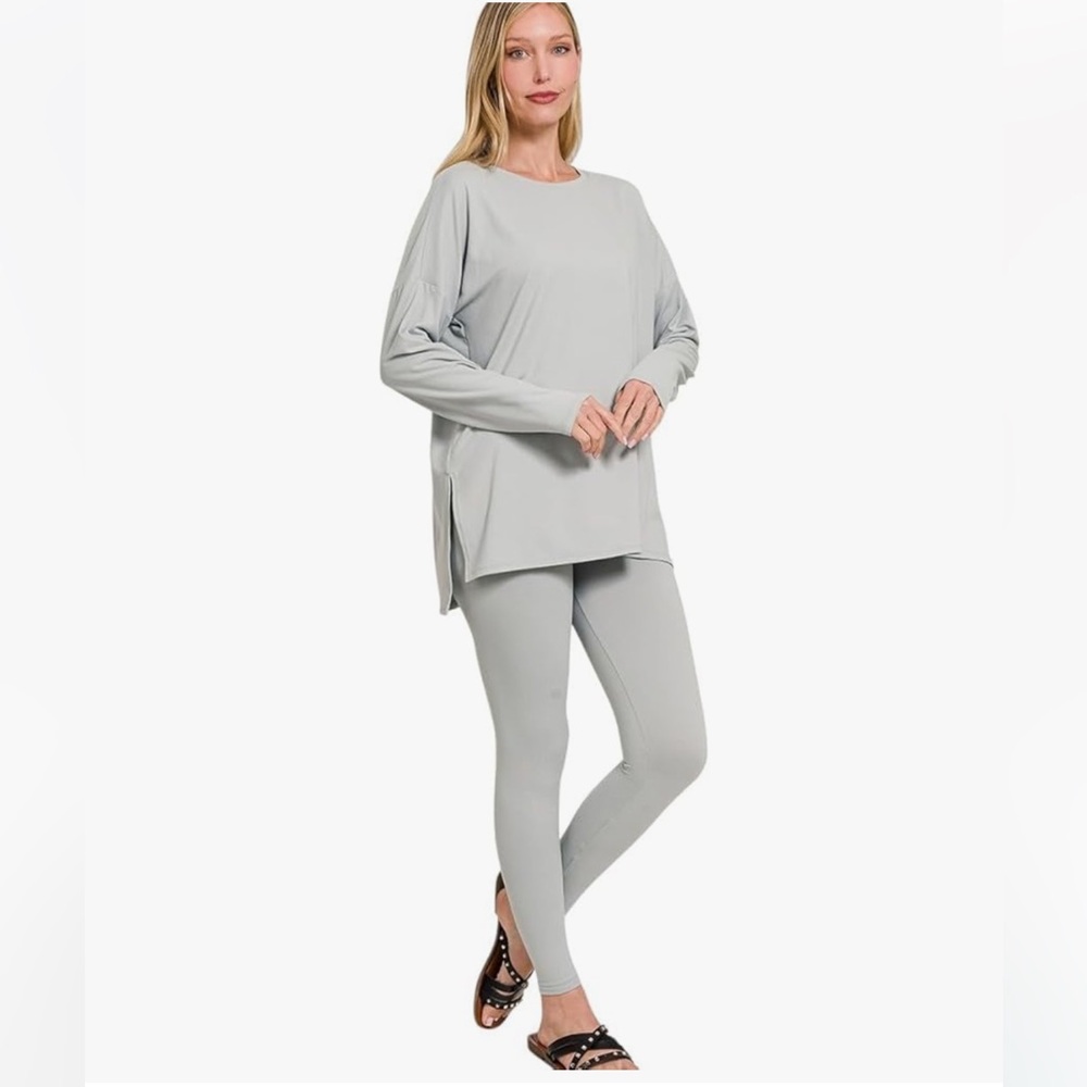 Zenana lounge all day crew long sleeve brushed microfiber set light grey xl